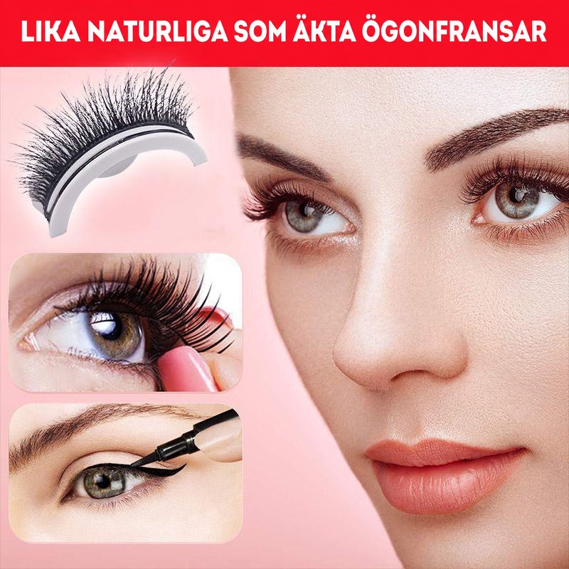 Franspar på vit hållare, närbilder på ögon med fransar och eyeliner samt ett kvinnoansikte i profil med naturliga fransar. 9