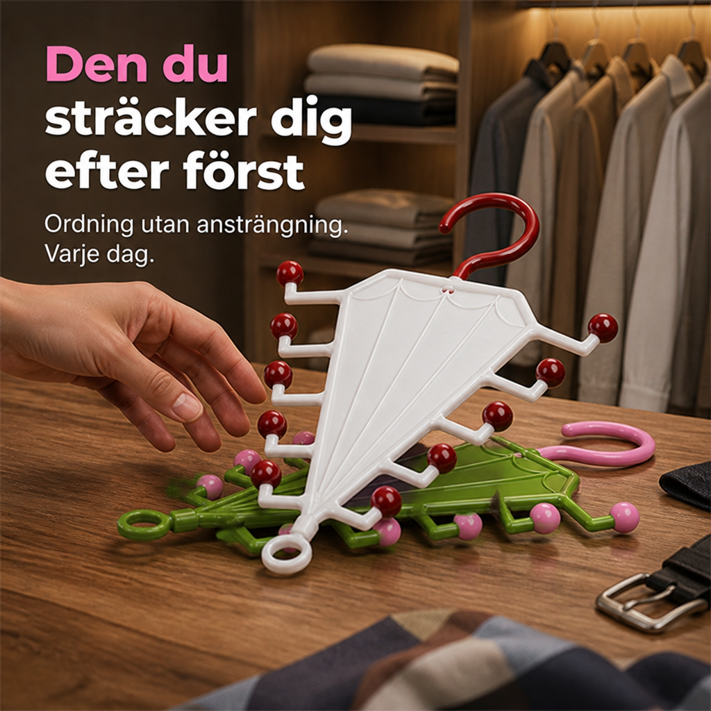 Vit och grön galgstång liggande på ett träbord, en hand sträcker sig mot dem, garderob i bakgrunden 6