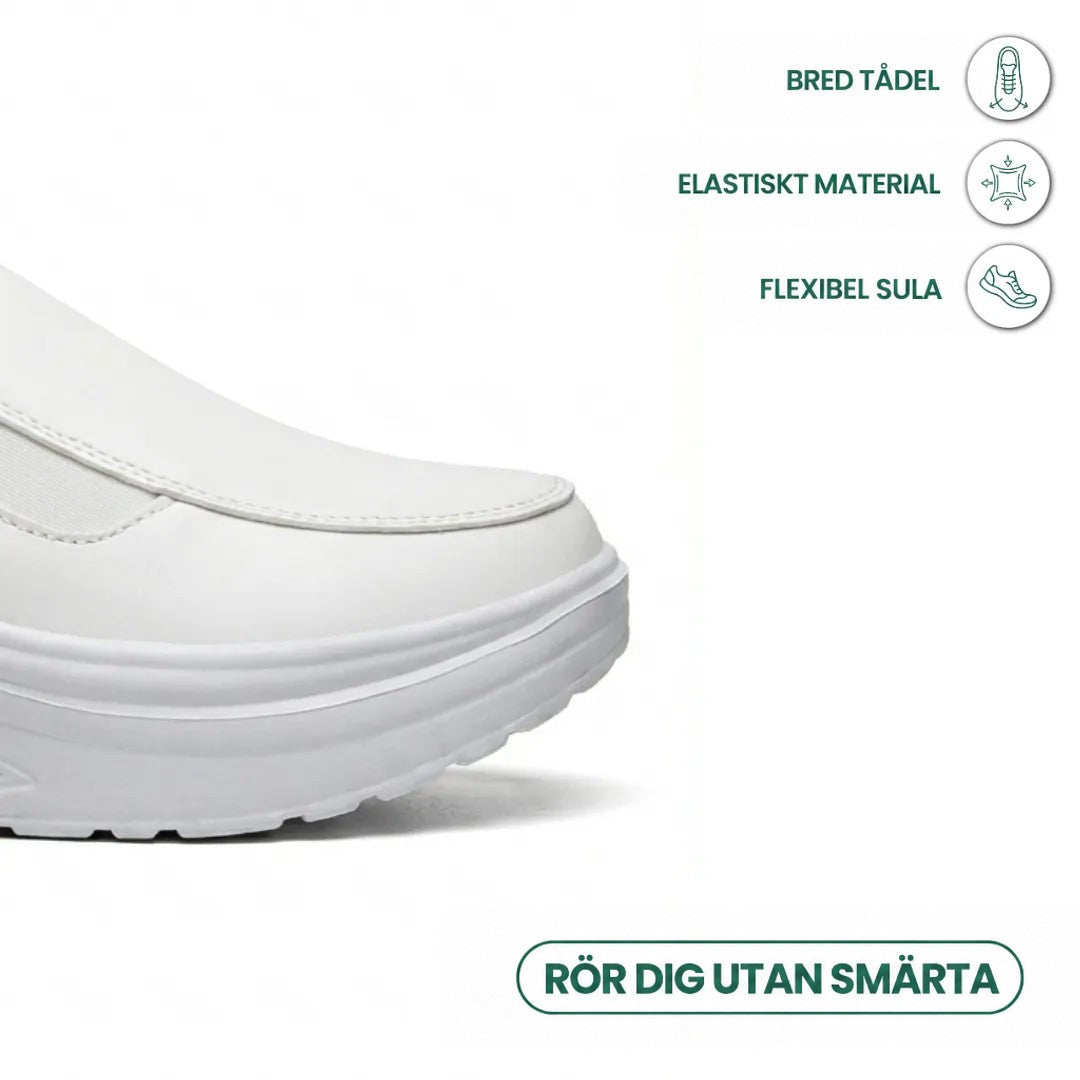 Närbild på den breda vita skospetsen med ikoner för elastiskt material och flexibel sula 14
