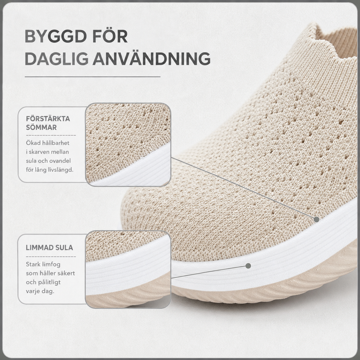 Närbild på beige stickat ovandel och vit sula med infällda detaljer av söm och limmad sula 4