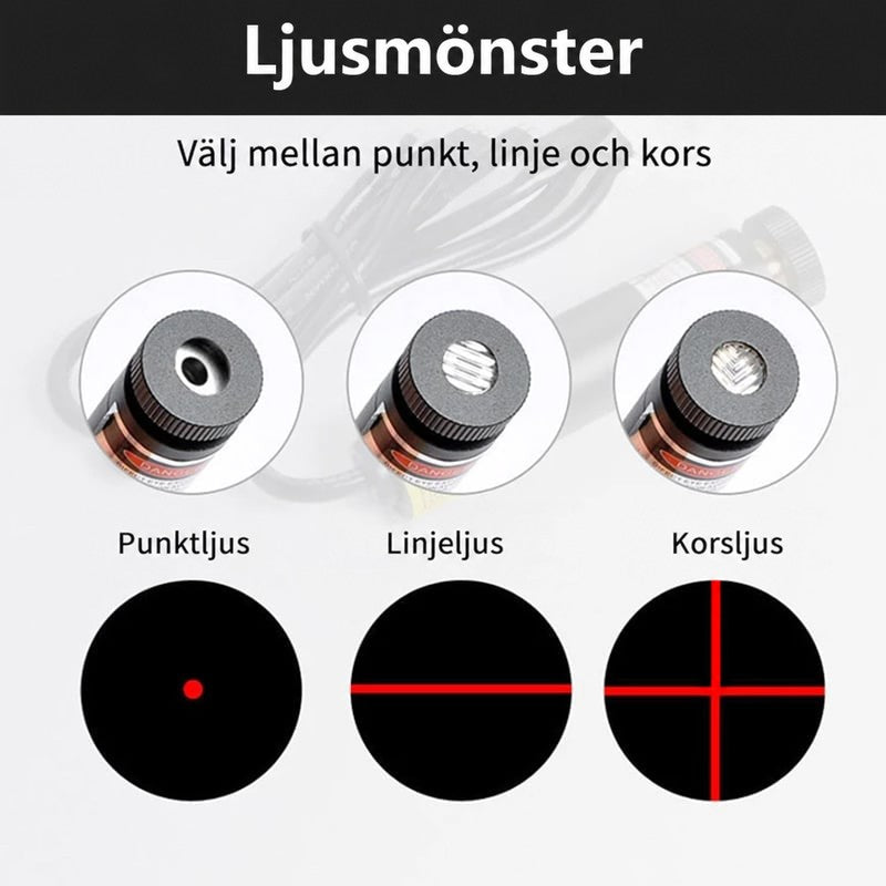 Närbilder av laserhuvudets tre linsalternativ med symboler för punkt, rak linje och kors 7