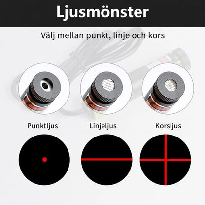 Närbilder av laserhuvudets tre linsalternativ med symboler för punkt, rak linje och kors 7