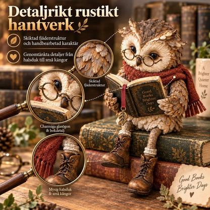 Collage med förstoringsglas som visar närbilder på fjäderstrukturen, de runda glasögonen med boken och halsduken med de små stövlarna. 4