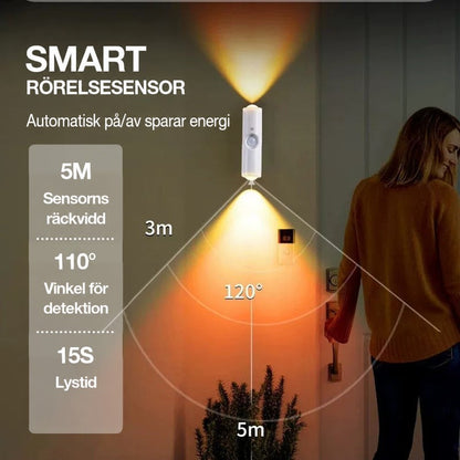 Kvinna i hallen med vägglampa som lyser varmt, med linjer som visar sensorns räckvidd och vinkel 10