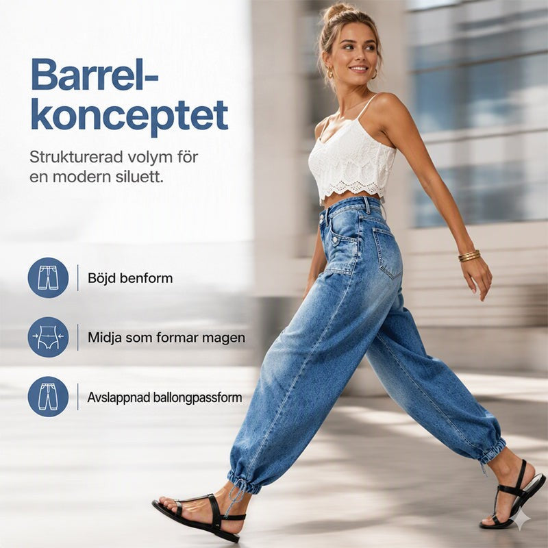 Leende modell går i blå barrel-jeans och vit spetstopp, med ikoner för böjd benform, midjekontroll och ballongpassform. 4