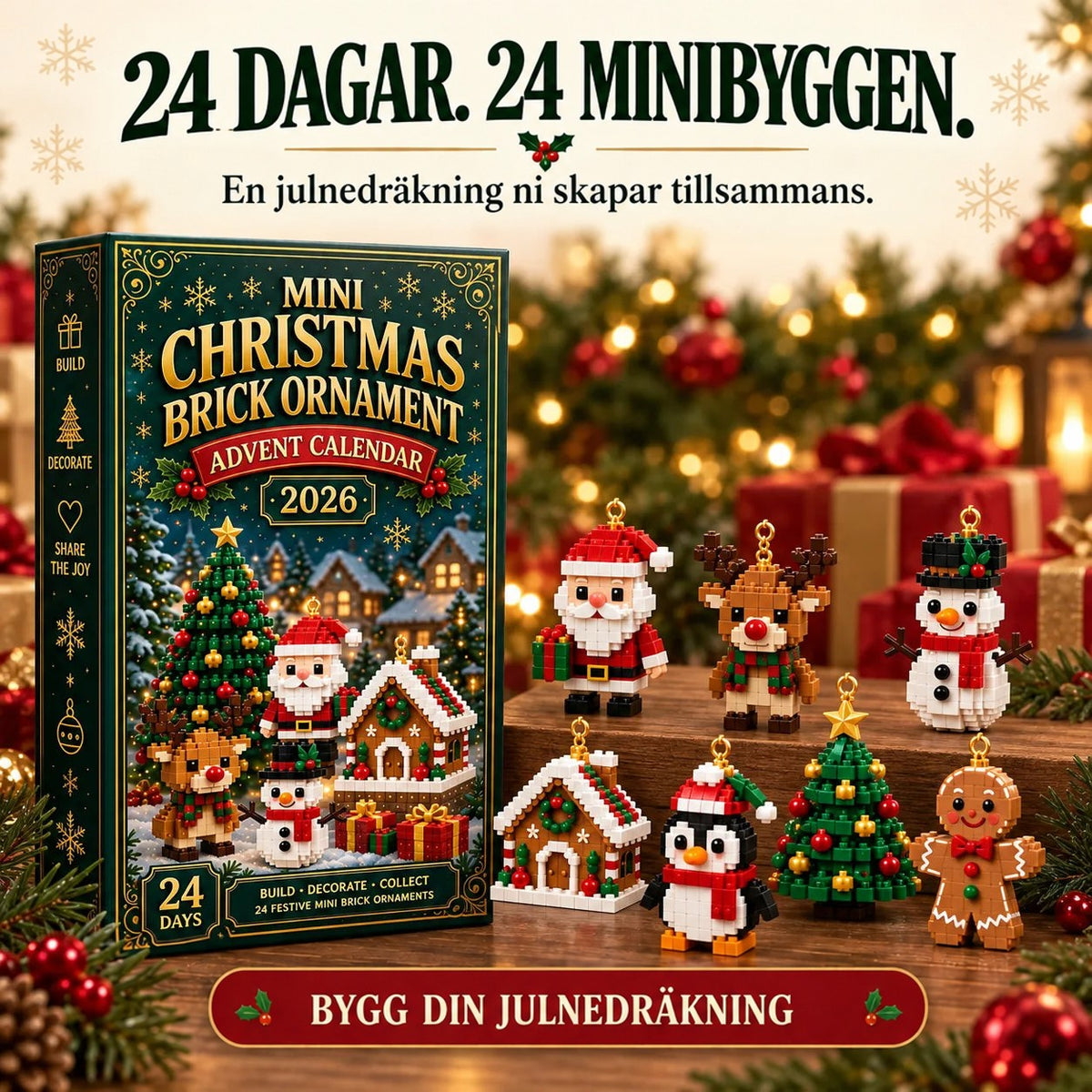 Kartongen bredvid åtta färdiga klossfigurer på en träpall: tomte, ren, snögubbe, pepparkakshus, pingvin, julgran och pepparkaksgubbe. 8