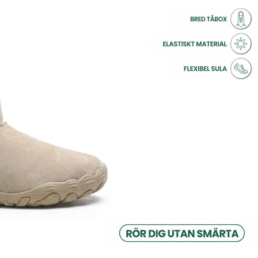 Främre delen av beige känga med bred tåbox och flexibel sula, med ikoner för bekväma egenskaper 5