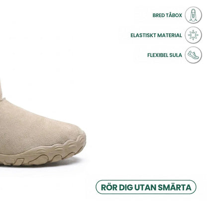 Främre delen av beige känga med bred tåbox och flexibel sula, med ikoner för bekväma egenskaper 5