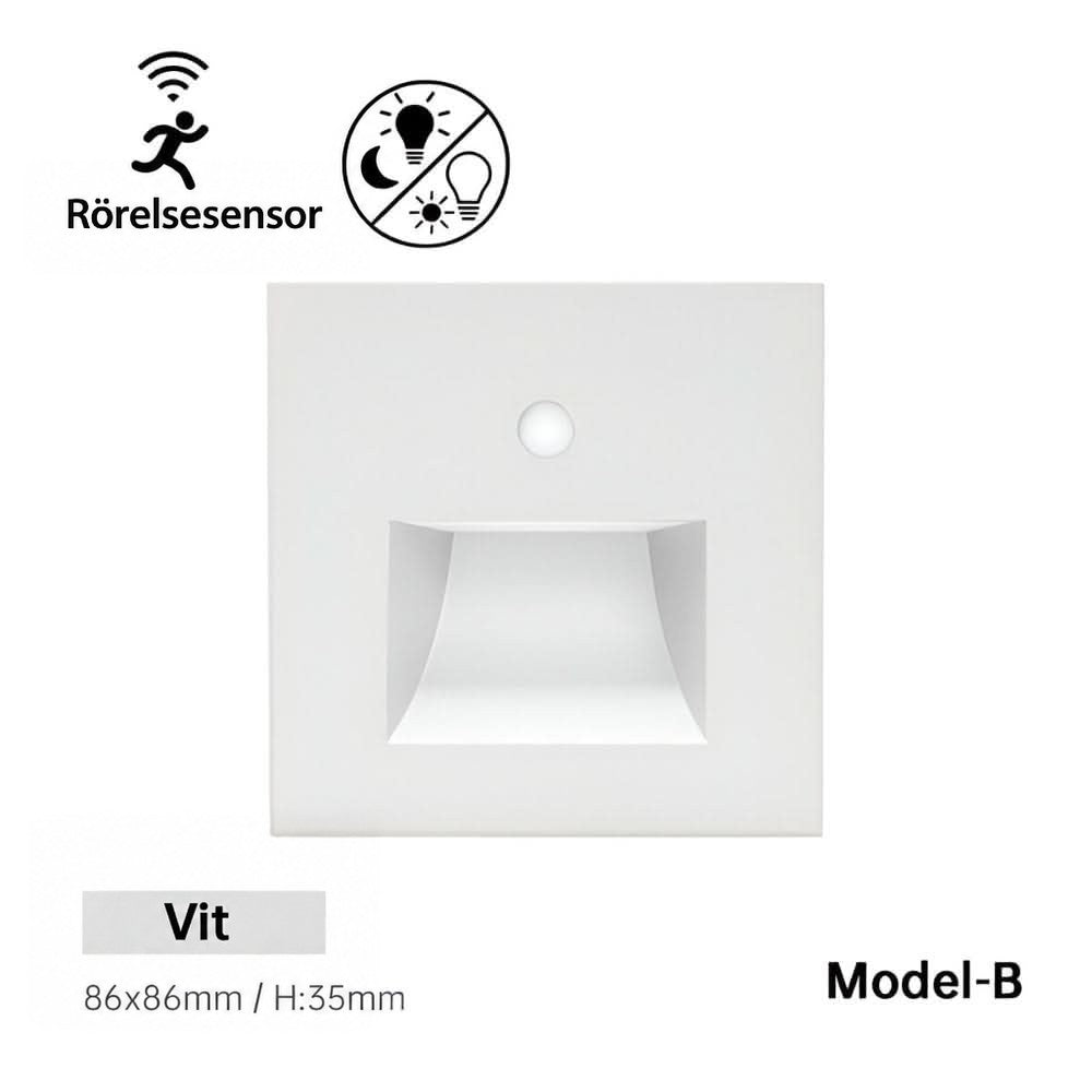 Vit kvadratisk armatur med bred rektangulär ljusöppning och rörelsesensor, sedd framifrån 10