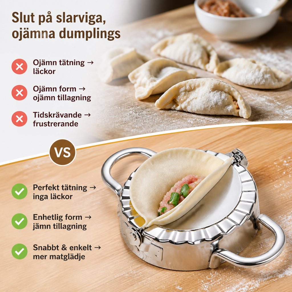 Jämförelse mellan ojämna, handformade dumplings och en fylld deg i dumplingformen med köttfyllning och grön lök. 2