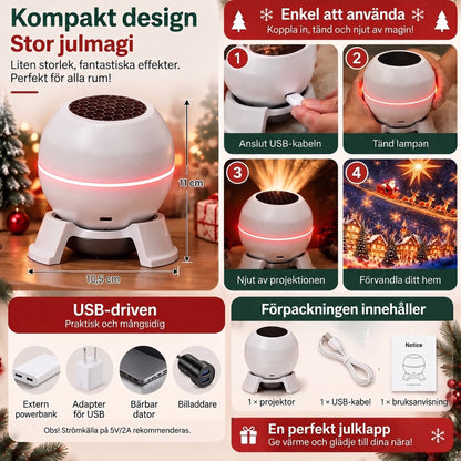 Produktöversikt med projektorns mått, fyra steg för användning, olika USB-strömkällor och förpackningens innehåll: projektor, USB-kabel och bruksanvisning. 5