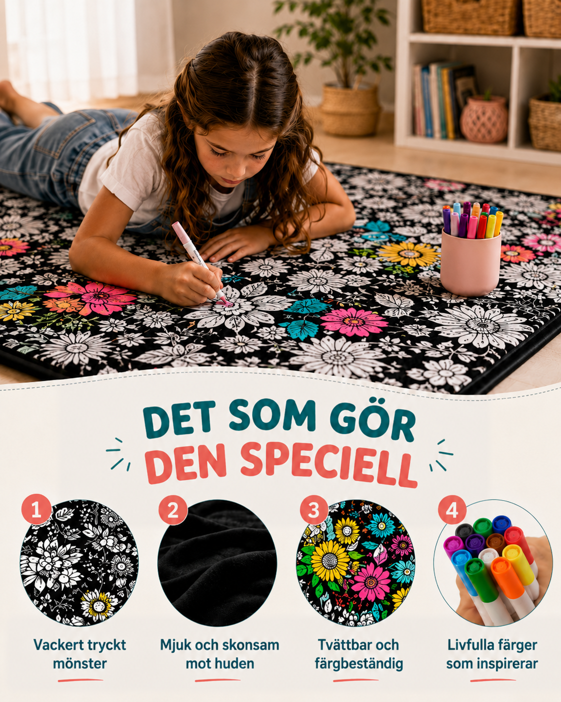 Flicka färglägger blommönstrat pläd på golvet, med närbilder på mönster, mjuk baksida, ifärgat mönster och pennor 6