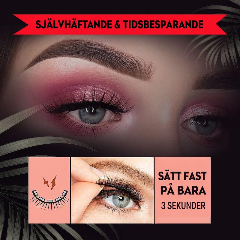 Ett öga med rosa ögonskugga och fransar mot mörk bakgrund med palmblad, samt en hand som sätter fast fransarna på ögonlocket. 8