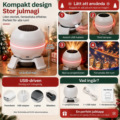 Infografik med projektorns mått, fyra steg för användning, USB-strömkällor och vad som ingår i lådan 1