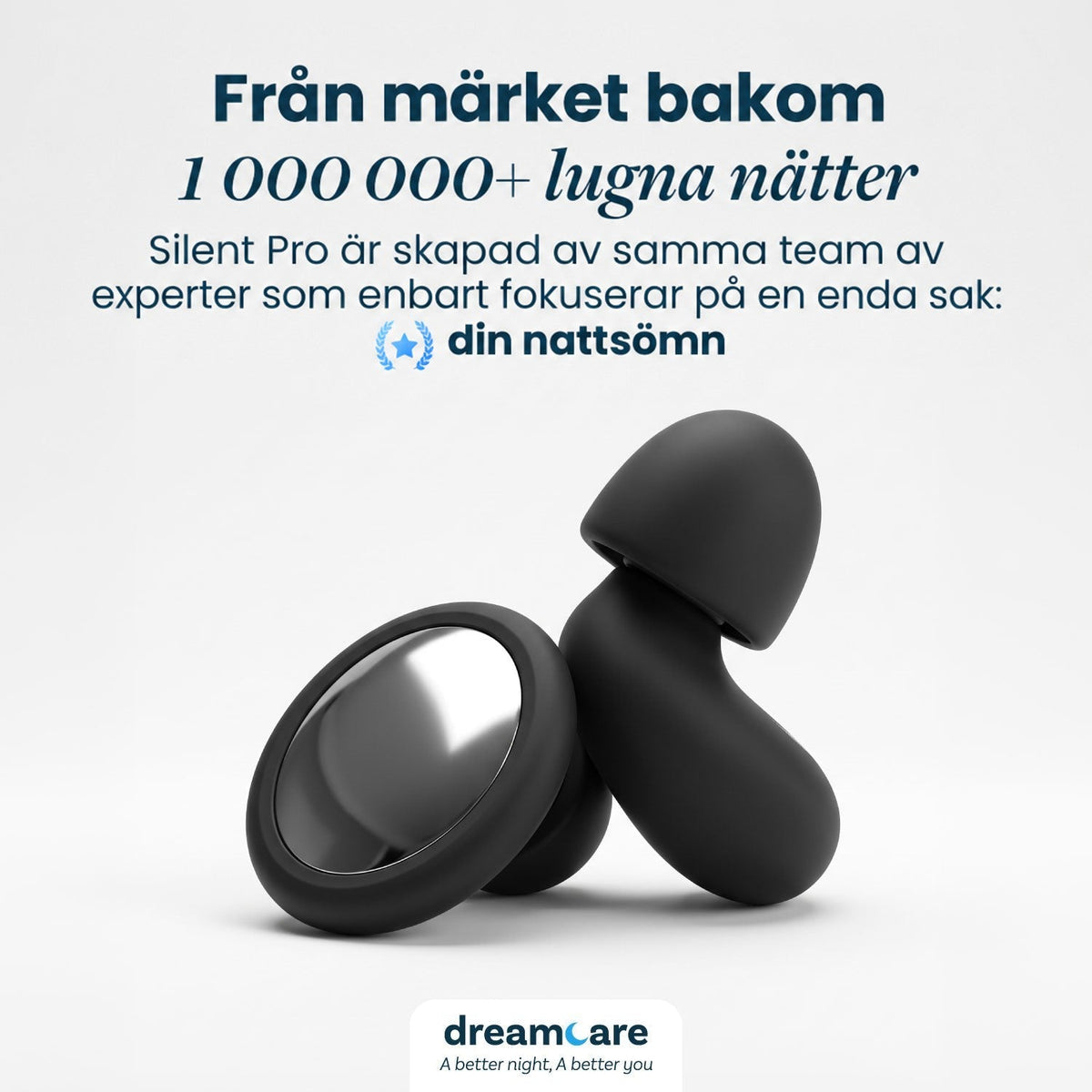 Två svarta öronproppar mot ljus bakgrund, en med spegelblank platta och en sedd från sidan, under en rubrik om nattro. 8
