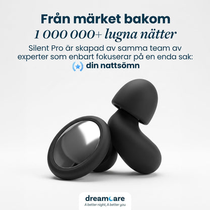 Två svarta öronproppar mot ljus bakgrund, en med spegelblank platta och en sedd från sidan, under en rubrik om nattro. 8