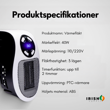 Värmaren från sidan bredvid en lista med tekniska data om effekt, spänning, timer och material 8