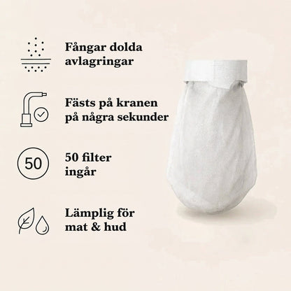 Ett vitt filteröverdrag med band upptill, bredvid ikoner som beskriver funktioner, antal i förpackningen och användning. 5