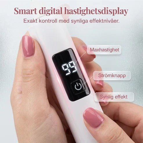 Närbild på händer med rosa nagellack som håller nagelfilen, med displayen och strömknappen i fokus 5