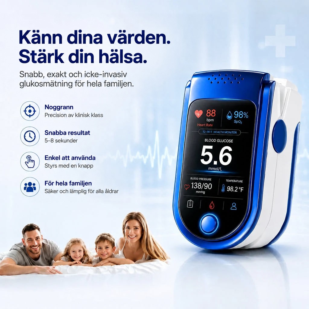Den blå och vita monitorn på ljus bakgrund, med en leende familj med två barn liggande nedanför och korta egenskaper uppradade till vänster. 4