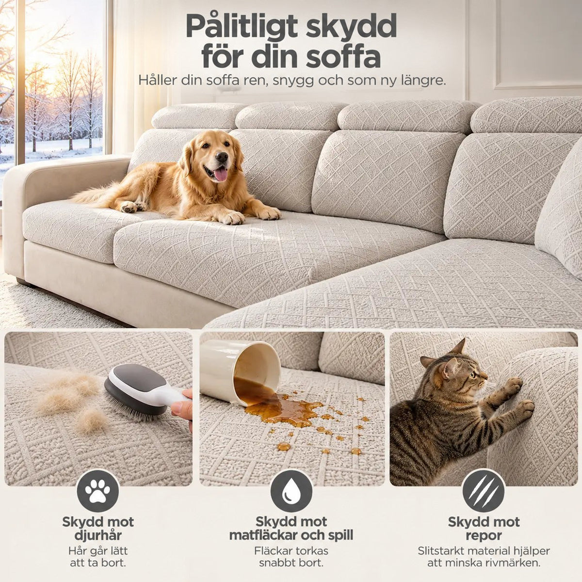 Krämvit soffa med hund och tre närbilder: borste på hårtussar, spilld dryck, katt som klöser 5