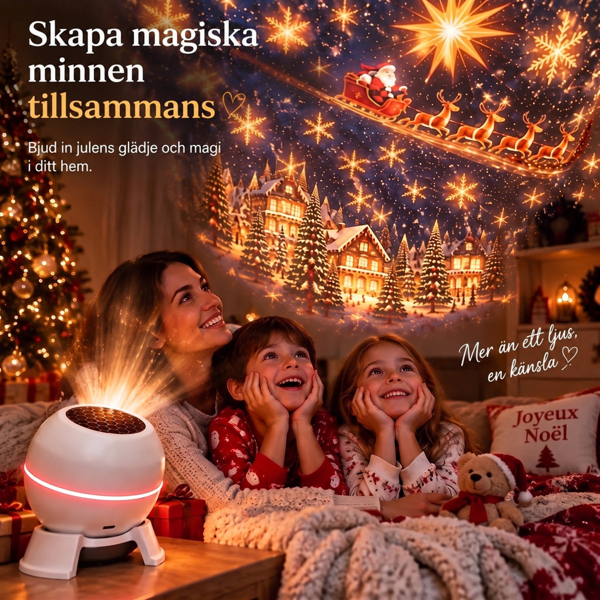 Mamma och två barn i pyjamas ligger under en filt och tittar förtrollat på julmotiven som projektorn lyser upp på väggen. 4