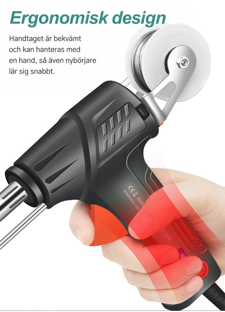 Hand håller det svarta verktyget med trådrulle upptill, handtagets grepp markerat i rött 6