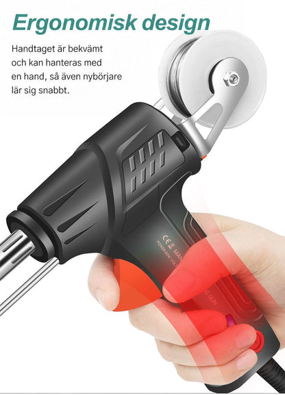 Hand håller det svarta verktyget med trådrulle upptill, handtagets grepp markerat i rött 6