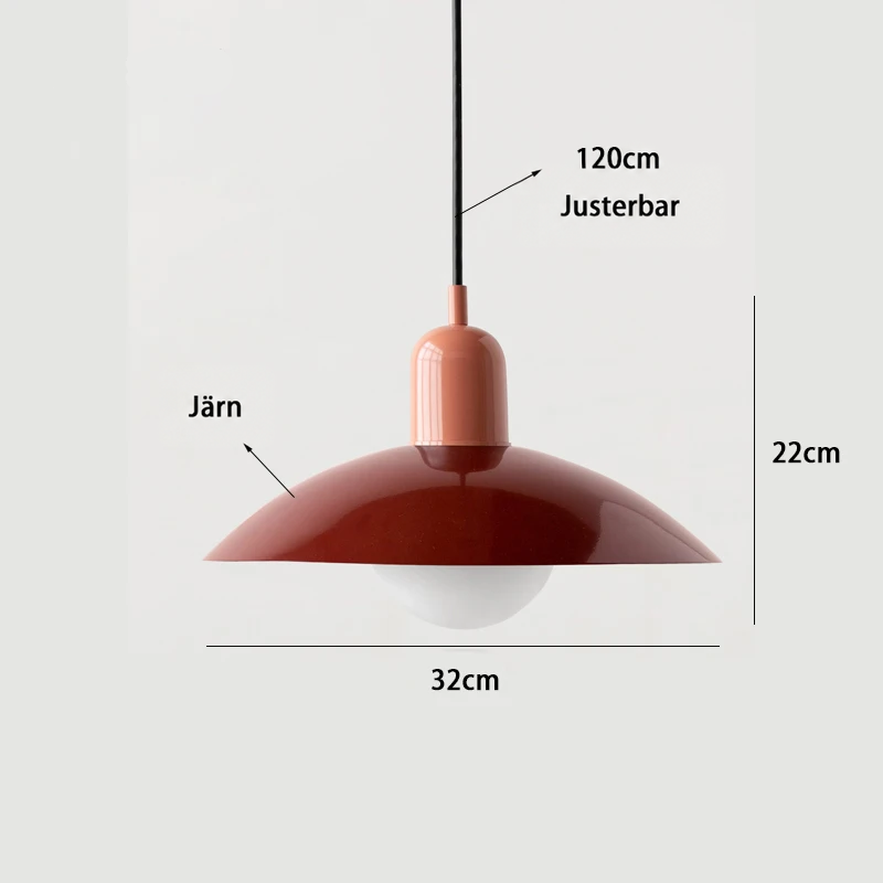 Måttschema över pendellampa med röd skärm som visar skärmens bredd, höjd och justerbar sladd 13