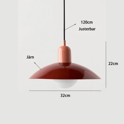 Måttschema över pendellampa med röd skärm som visar skärmens bredd, höjd och justerbar sladd 13