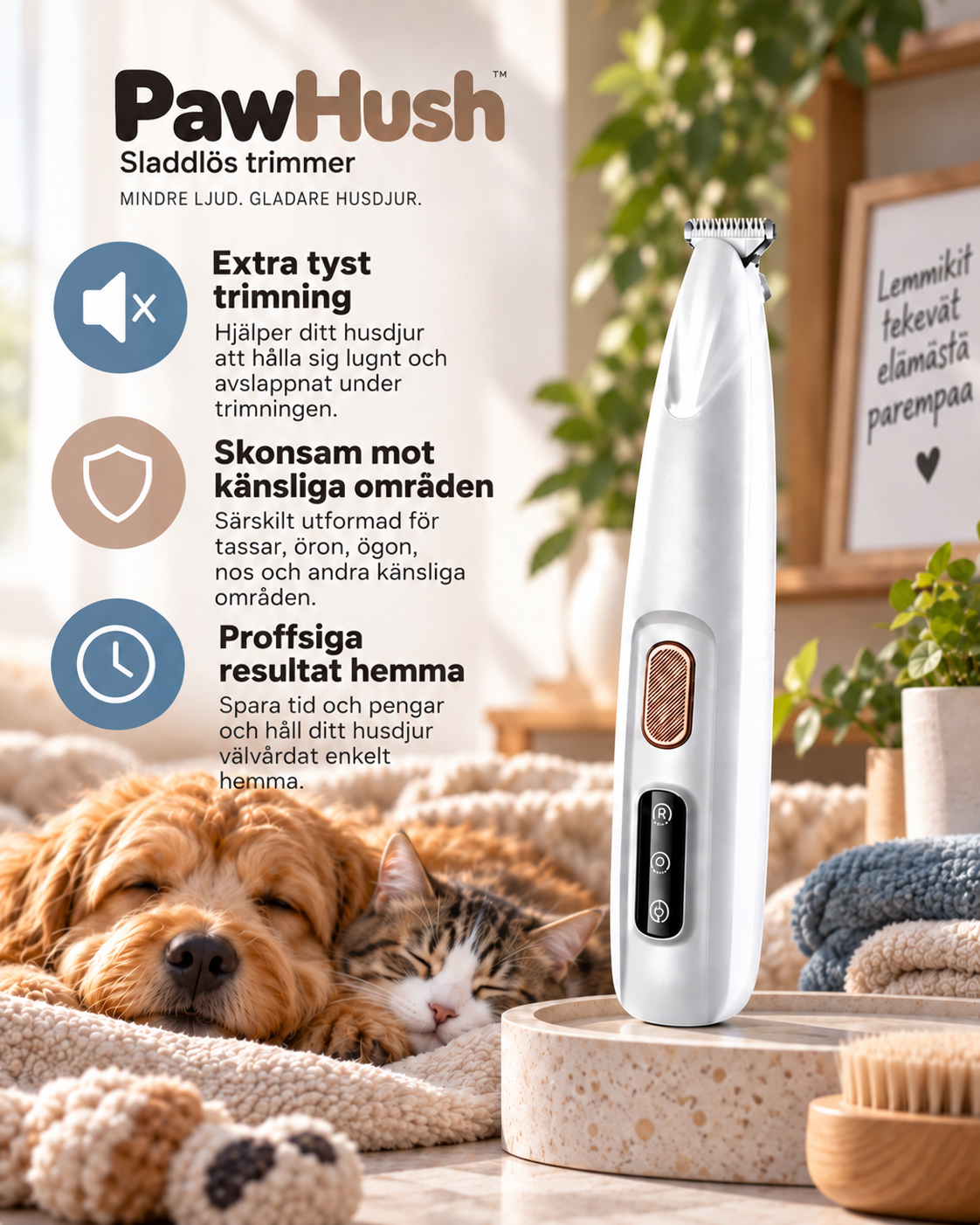 Trimmern på ett stenfat med en sovande hund och katt, plus ikoner och fördelar 2