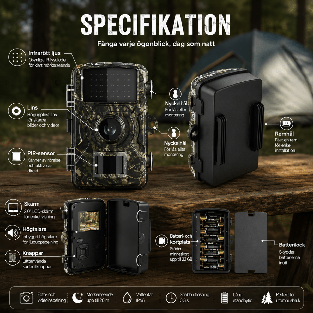 Informationsbild med kameran framifrån, bakifrån och öppnad, med pilar som pekar ut infrarödlampor, lins, rörelsesensor, skärm, knappar, fästöglor och batterifa 5