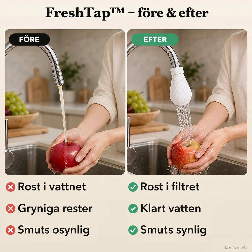 Före och efter: kran utan filter ger grumligt vatten över ett äpple, med vitt filter rinner klart vatten. 9