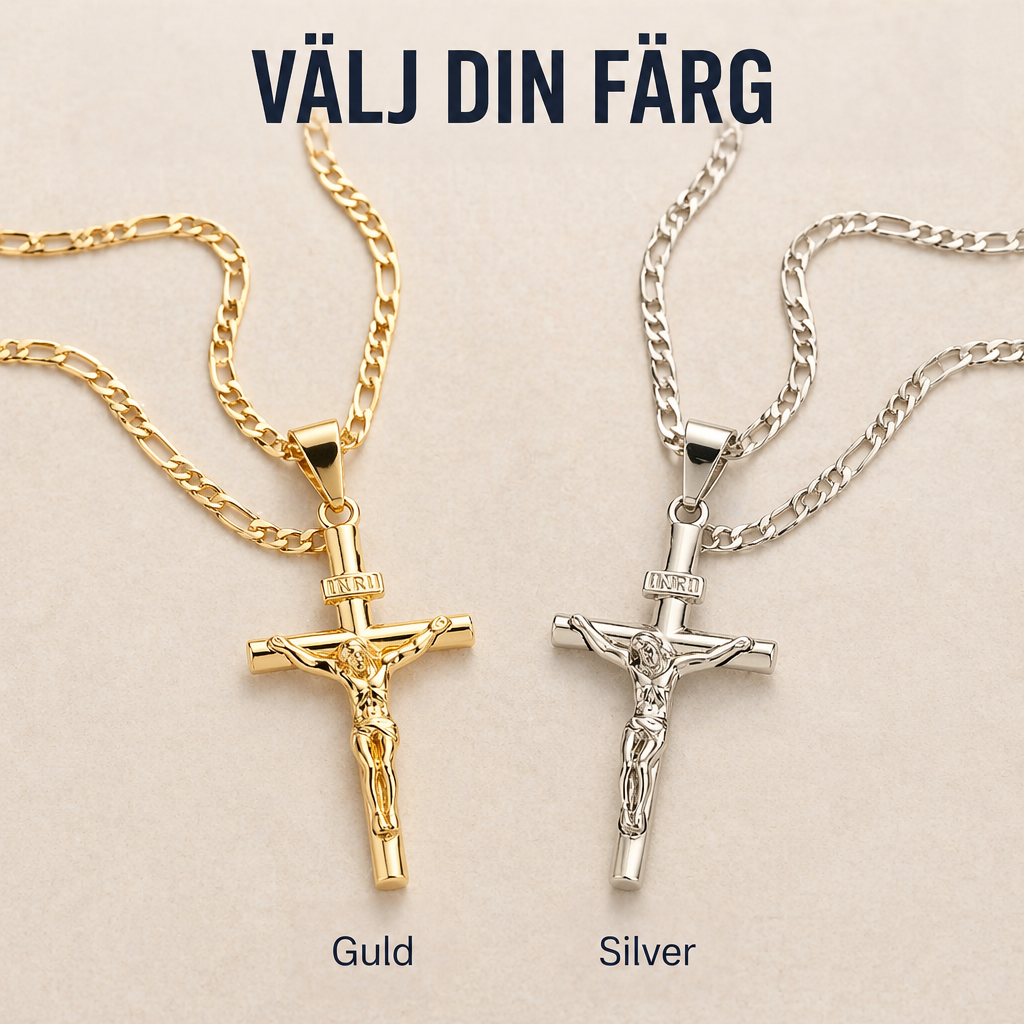 Två krucifixhalsband med figarokedja bredvid varandra, ett i guldfinish och ett i silverfinish 8