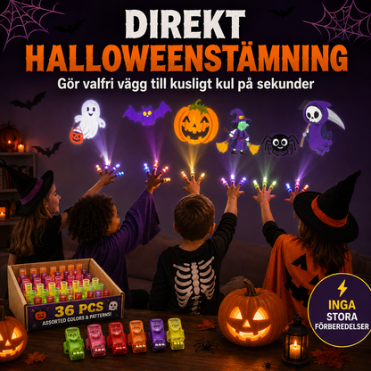 Fyra barn i häxhattar och Halloweendräkter projicerar spöken och pumpor på väggen, med en låda och sex lampor på bordet 12