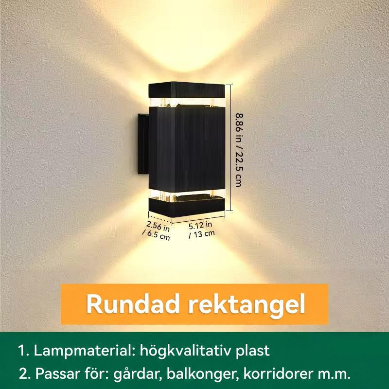 Måttbild av rektangulär vägglampa med ett ljusband upptill och nedtill, höjd, bredd och djup angivna 16