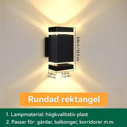 Måttbild av rektangulär vägglampa med ett ljusband upptill och nedtill, höjd, bredd och djup angivna 16