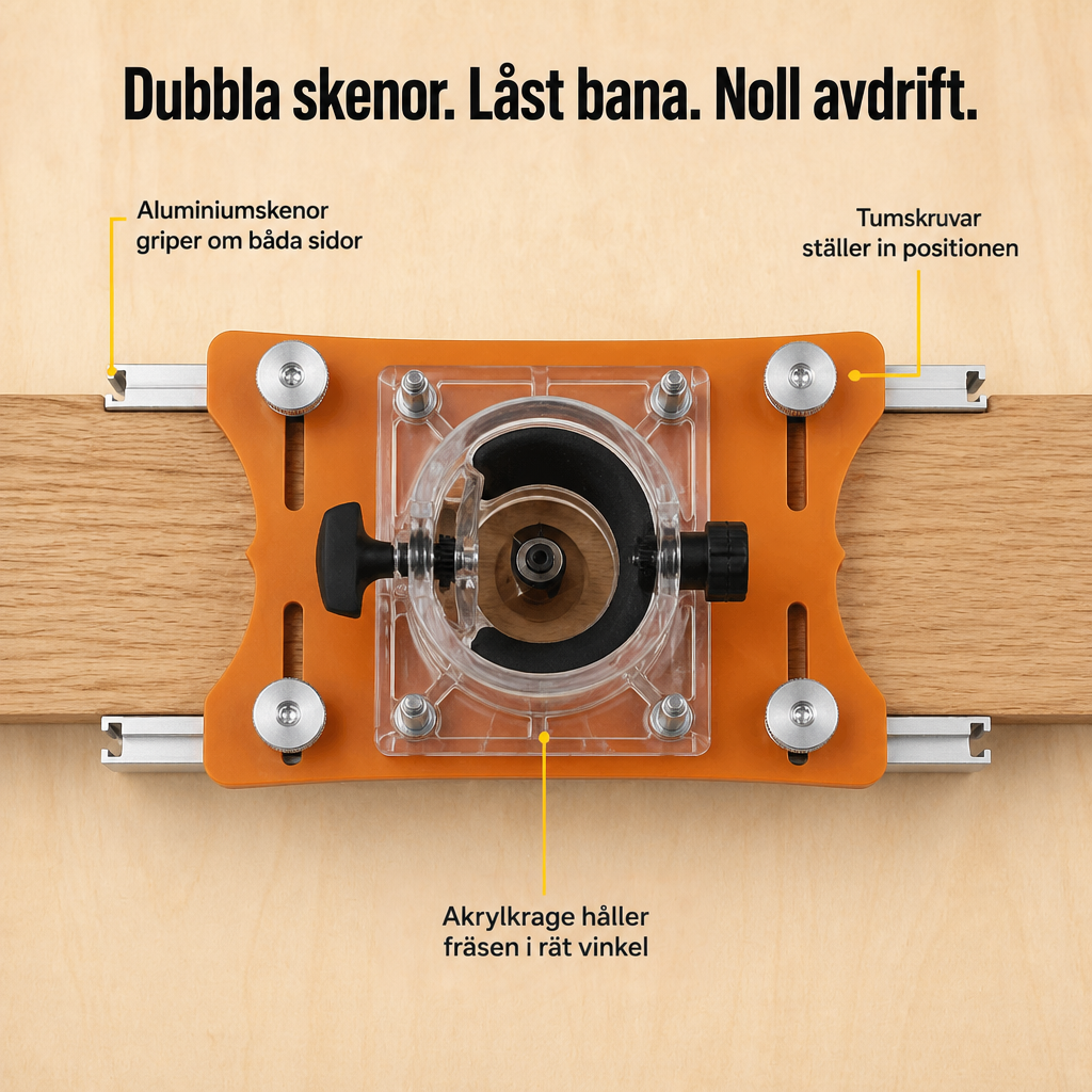 Mallen uppifrån med orange platta, klar akrylkrage kring fräsen, rattar och aluminiumskenor som klämmer över ett träämne. 3