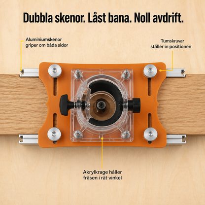 Mallen uppifrån med orange platta, klar akrylkrage kring fräsen, rattar och aluminiumskenor som klämmer över ett träämne. 3
