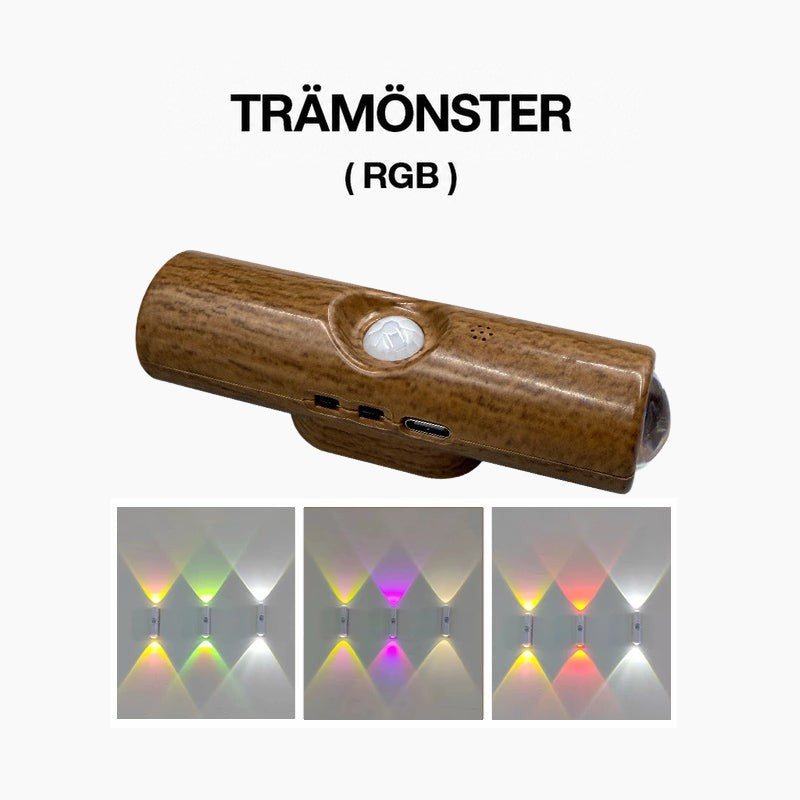 Vägglampa med trämönstrat skal och rörelsesensor, under den tre bilder av färgskiftande RGB-ljus på väggen 6