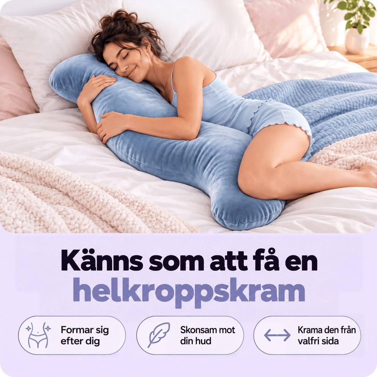 Kvinna ligger på sidan i sängen och kramar kudden med armarna, benet vilar mot den 2