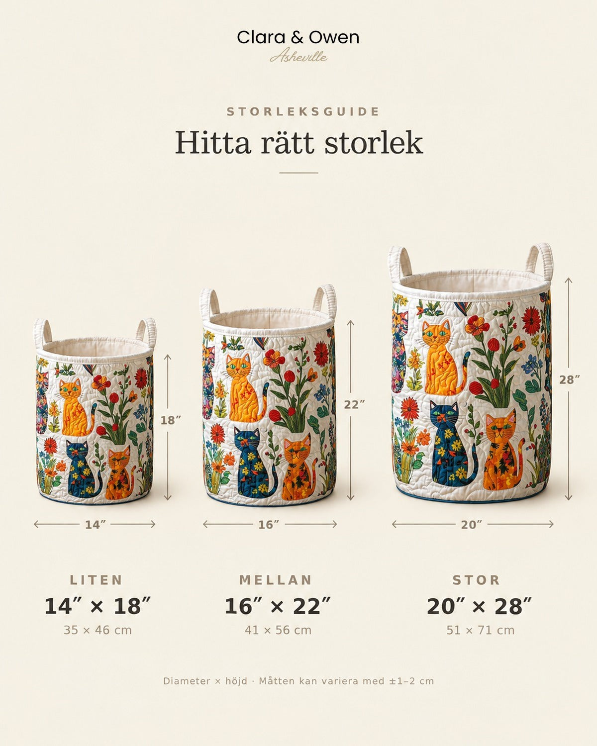 Storleksguide med tre korgar i olika storlekar bredvid varandra, med höjd och diameter markerade för varje storlek. 5