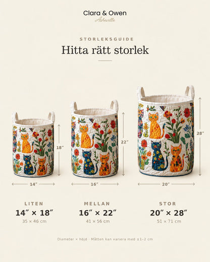 Storleksguide med tre korgar i olika storlekar bredvid varandra, med höjd och diameter markerade för varje storlek. 5
