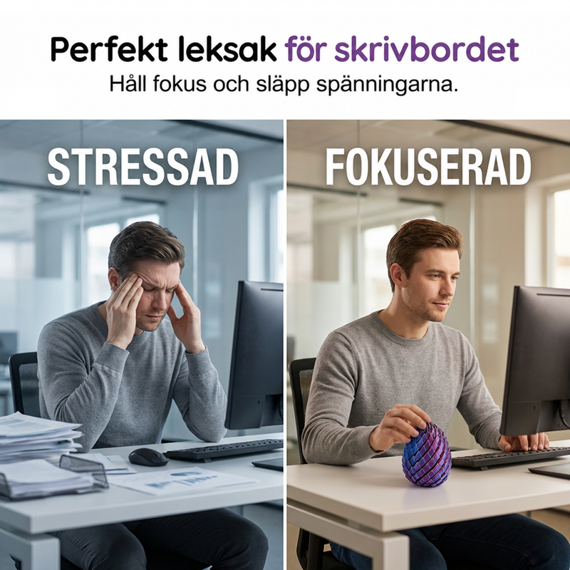 Delad bild på en man vid skrivbordet: till vänster stressad med händerna mot tinningarna, till höger fokuserad med drakägget i handen. 2