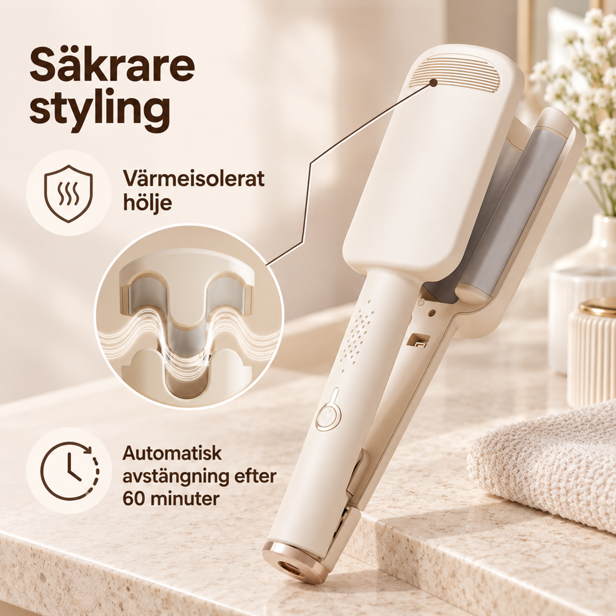 Beige vågtång på marmorbänk med förstoring av plattorna och ikoner för värmeisolerat hölje och automatisk avstängning 13