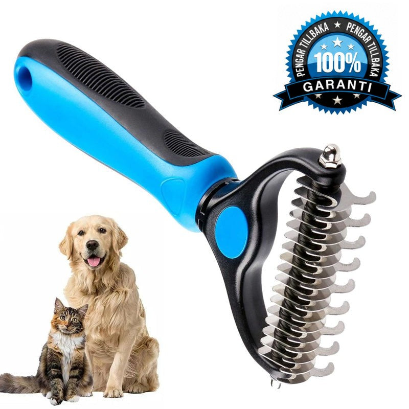 Blå och svart raka med synliga böjda tänder, bredvid en golden retriever och en randig katt, plus en garantistämpel. 4