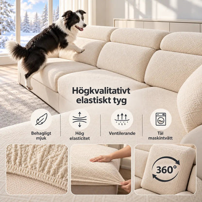 Border collie hoppar upp i krämvit soffa, med närbilder på tygets mjukhet och passform 4