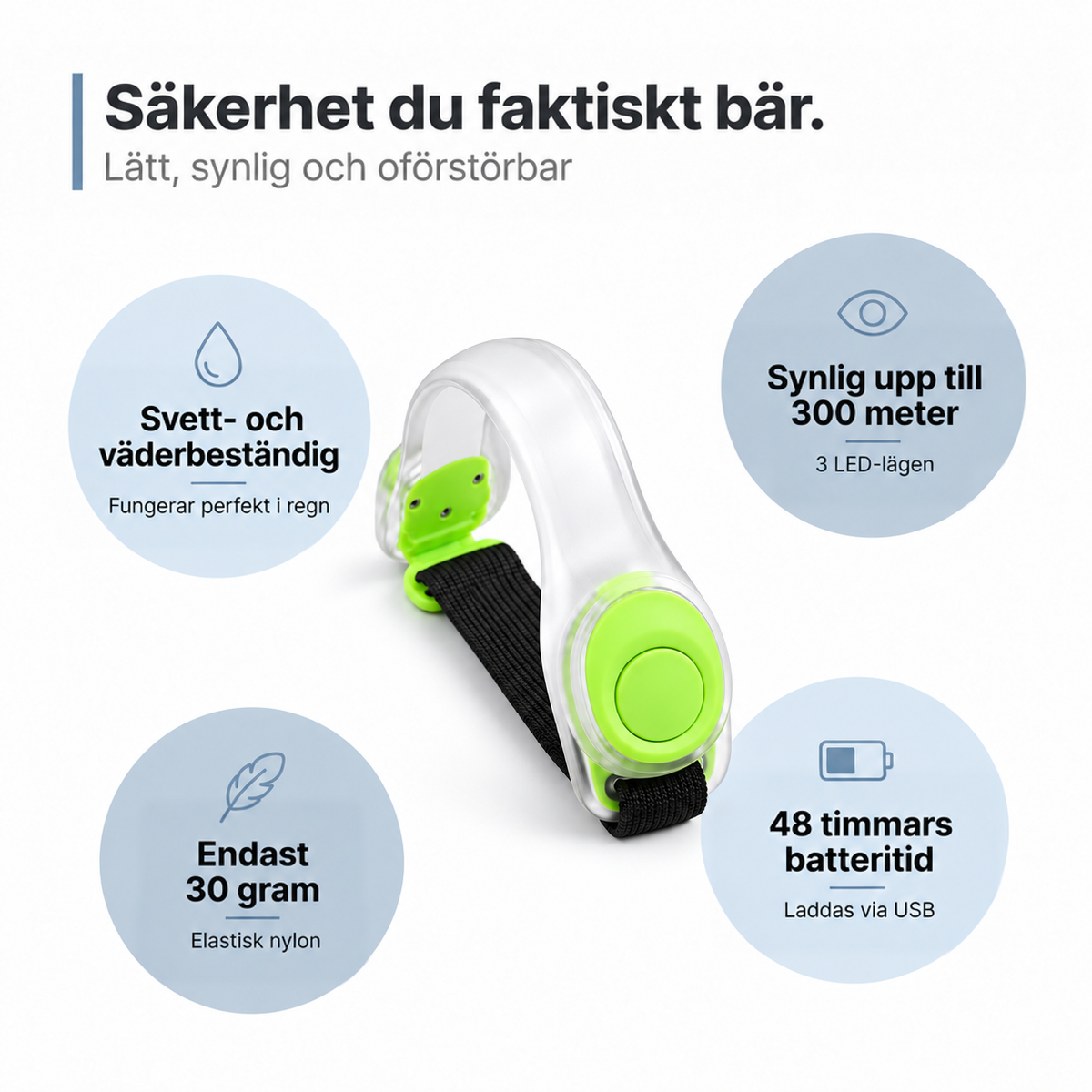 Armband med limegröna detaljer på vit bakgrund, omgivet av fyra cirklar som visar produktens egenskaper 9