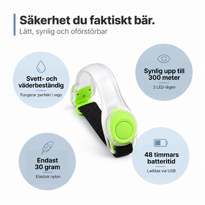 Armband med limegröna detaljer på vit bakgrund, omgivet av fyra cirklar som visar produktens egenskaper 9
