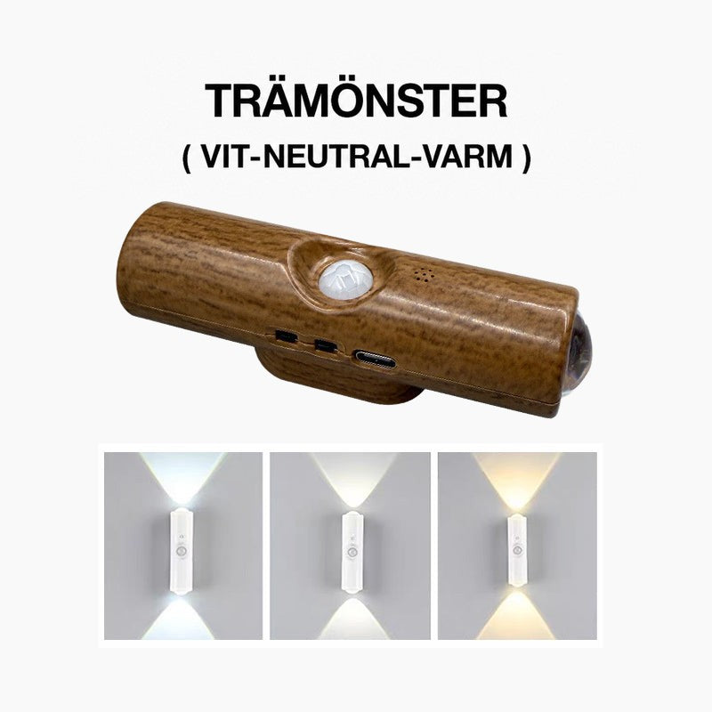 Vägglampa med trämönstrat skal och rörelsesensor, med tre bilder av vitt, neutralt och varmt ljus 5